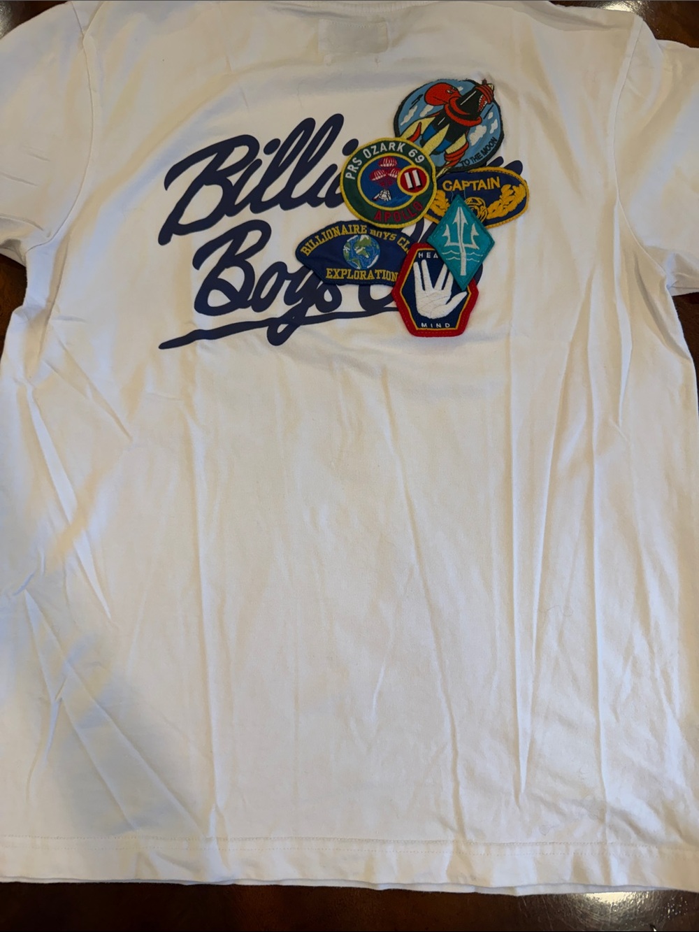 Billionaire Boys Club White Tee with Navy Script & Colorful Patch Cluster